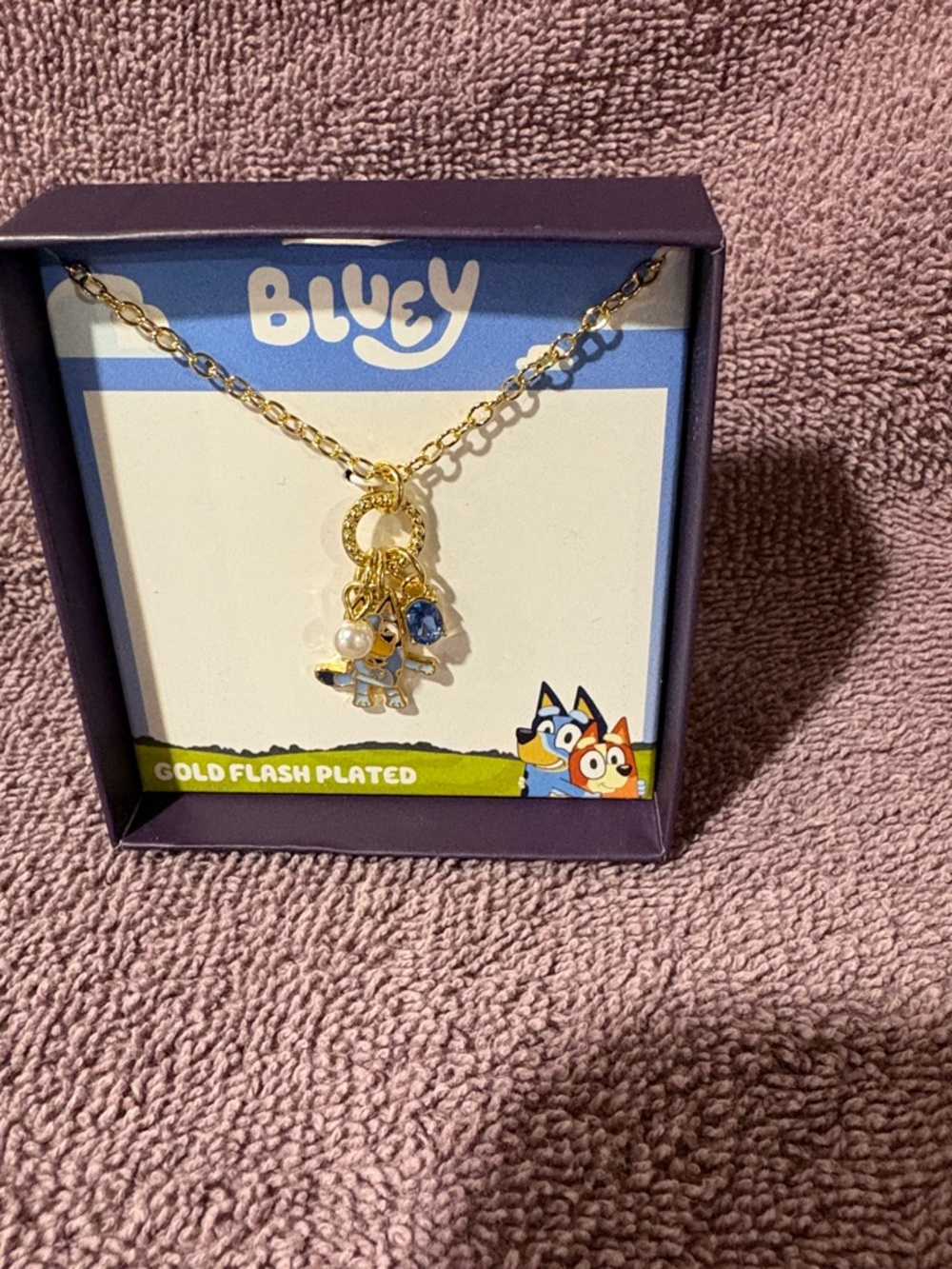 Bluey Kids Gold Flash Plated Charm Necklace - Blue Accents
